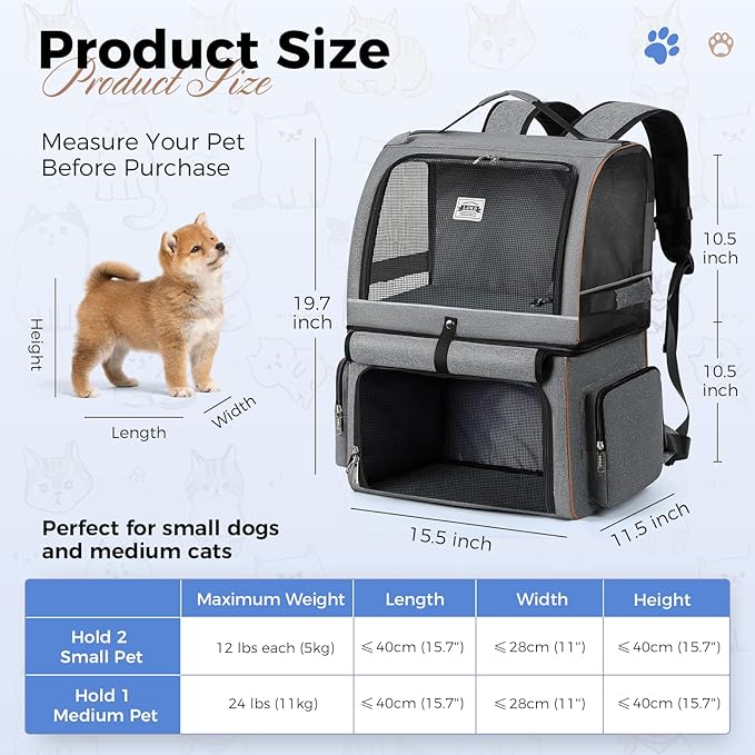 Lekebobor Double Cat Backpack Carrier for 2 Cats, Double-Compartment Pet Carrier Backpack for Two Small Cat or One Medium Cat, Cats Carrier Backpack Dog Carrier Backpack Fits Up to 24 Lbs,Grey