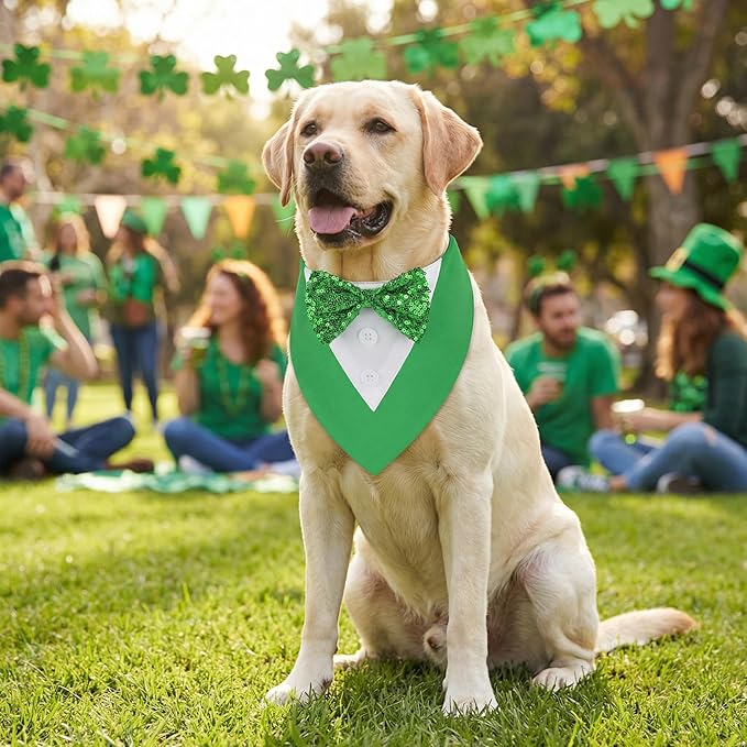 ADOGGYGO St.Patrick's Day Dog Tuxedo Bandana, Green Pet Tux Collar with Bowtie Adjustable St Patricks Costume for Medium Large Dogs Pets (L)