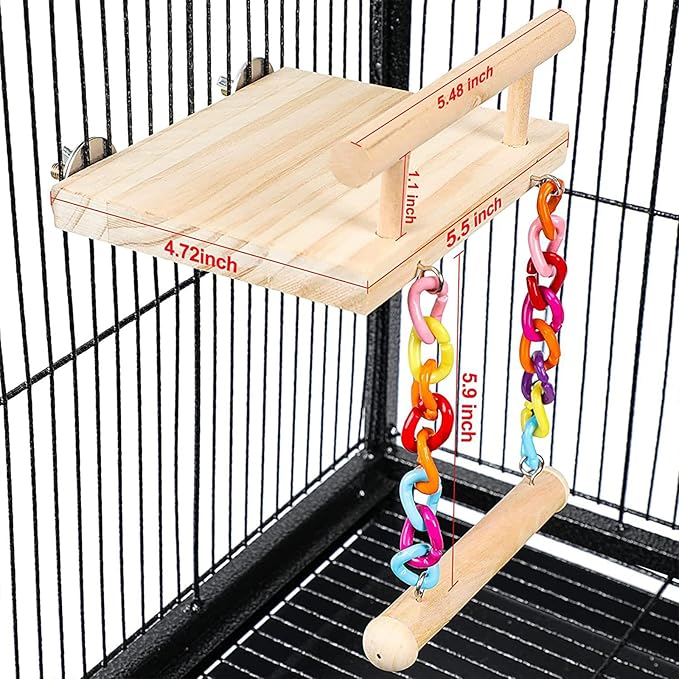 Natural Wood Bird Perch Platform with Colorful Chain Swing Toy, Parrot Hanging Stand Perch for Cockatiels Parakeets Lovebirds Budgies Conures, Cage Accessories Chewing Grinding Exercise Play Gym.