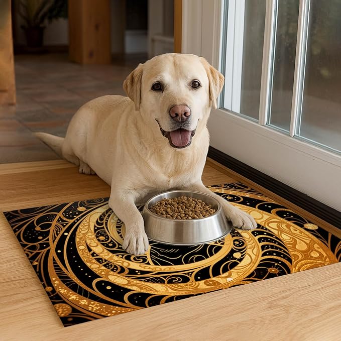 Cat Feedings Mats 20x12 inch Golden Cat Print Pet Bowl Placemat Non Slip Mat for Cats Food and Water Indoor Kitty Feeding Station Elegant Cats Meal Mat for Small Pets Kitchen Floor Use