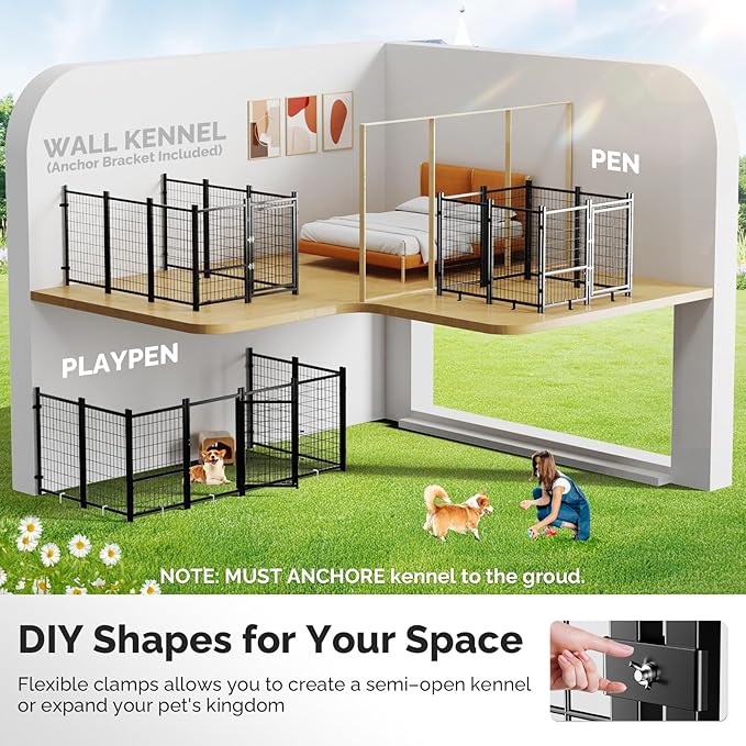 Sino Luban 2PCS Outdoor Dog Kennel Outside Run with Doggy Door&Waterproof Roof - 4x4x4.6FT Large Dog Kennels Pens Outside for Small/Medium Dogs - Heavy Duty Cage Yard (Can Connect to Your Dog House)