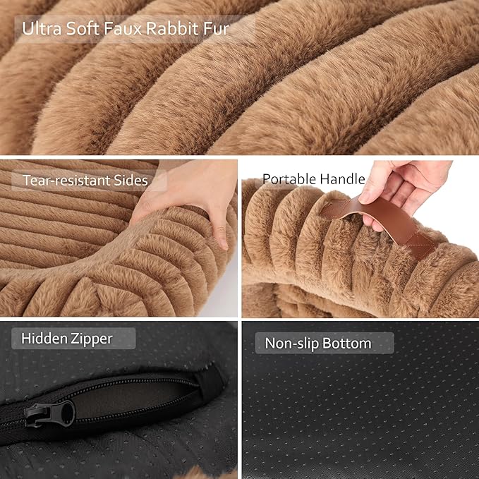 Cute Dog Bed for Medium Size Dog, Calming Medium Dog Cat Bed with Anti-Slip Bottom, Washable Soft Faux Fur Pet Bed, Rectangle Puppy Bed with Handle for Indoor Pets, 30" x 24" x 5", Brown