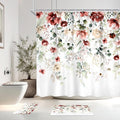 4 PCS Red Burgundy Floral Flower Shower Curtain Set 72Wx72H Inch Watercolor Pastel Complete Bathroom Set Non-Slip Bath Rug Toilet Lid Cover and U Shape Mat Accessories 12 Hooks Bathoom Decor