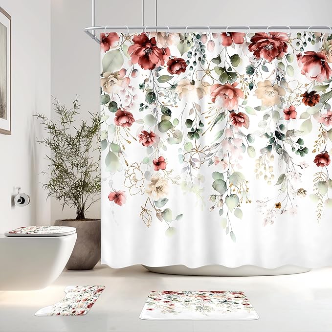 4 PCS Red Burgundy Floral Flower Shower Curtain Set 72Wx72H Inch Watercolor Pastel Complete Bathroom Set Non-Slip Bath Rug Toilet Lid Cover and U Shape Mat Accessories 12 Hooks Bathoom Decor