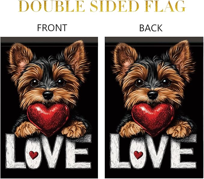 Cute Kasha Dog Garden Flag Holding Red Heart Love Sign Double Sided Yard Banner 12x18 Inch Romantic Outdoor Decoration for Lawn Patio Dog Lover Gift Valentine Anniversary Seasonal Flag