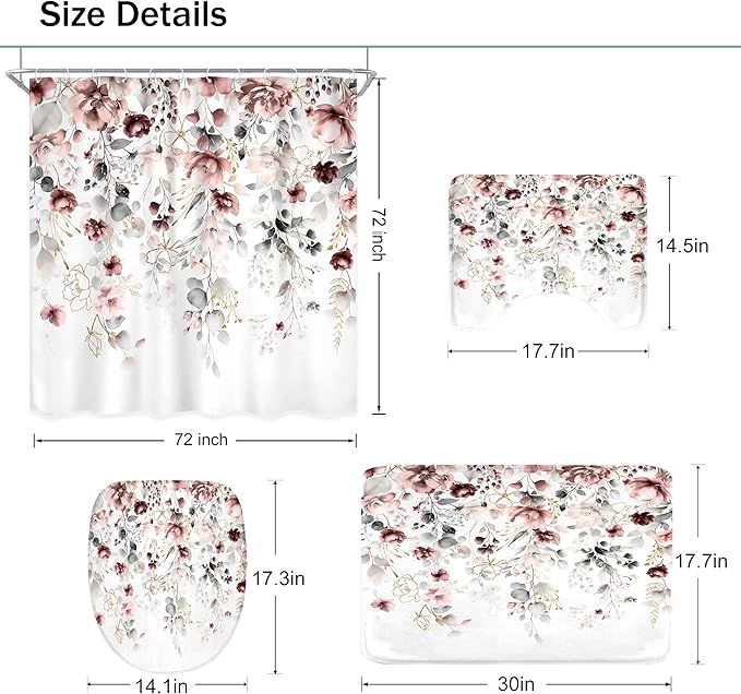 4 PCS Pink Floral Flower Shower Curtain Set 72Wx72H Inch Watercolor Pastel Plant Complete Bathroom Set Non-Slip Bath Rug Toilet Lid Cover and U Shape Mat Accessories 12 Hooks Bathoom Decor