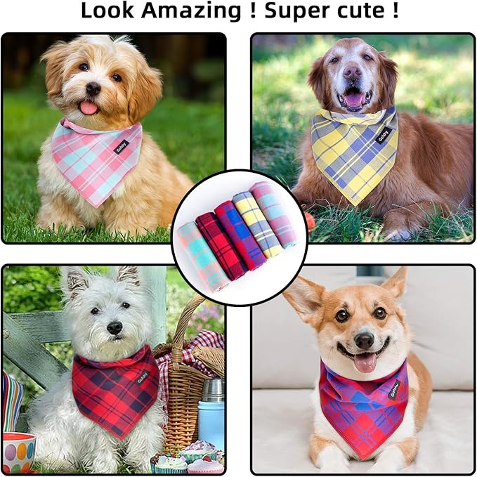 Small Dog Bandanas -5PCS Birthday Gift Puppy Bandana Vibrant Color Plaid Printing Adjustable Scarf Bib Handkerchief Accessories for Small XSmall Dog Cat pet