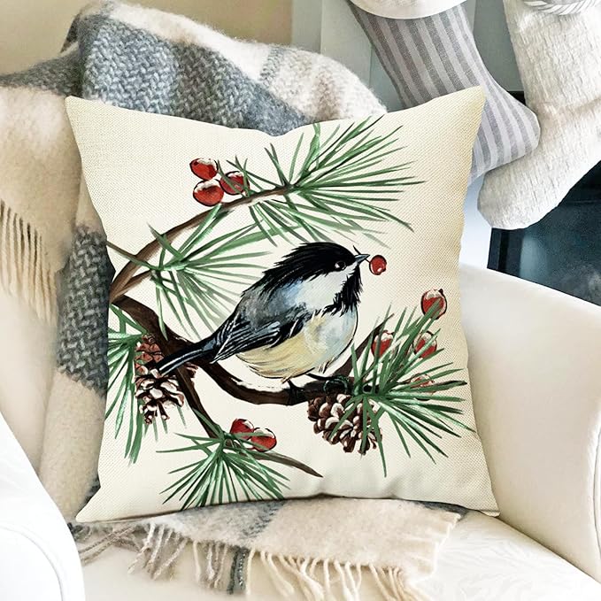 Fahrendom Hello Winter Green Decorative Throw Pillow Covers 18 x 18 Set of 4, Chickadee Pine Needle Branch Porch Patio Outdoor Pillowcase, Christmas Pine Cone Red Berry Sofa Cushion Case Home Decor