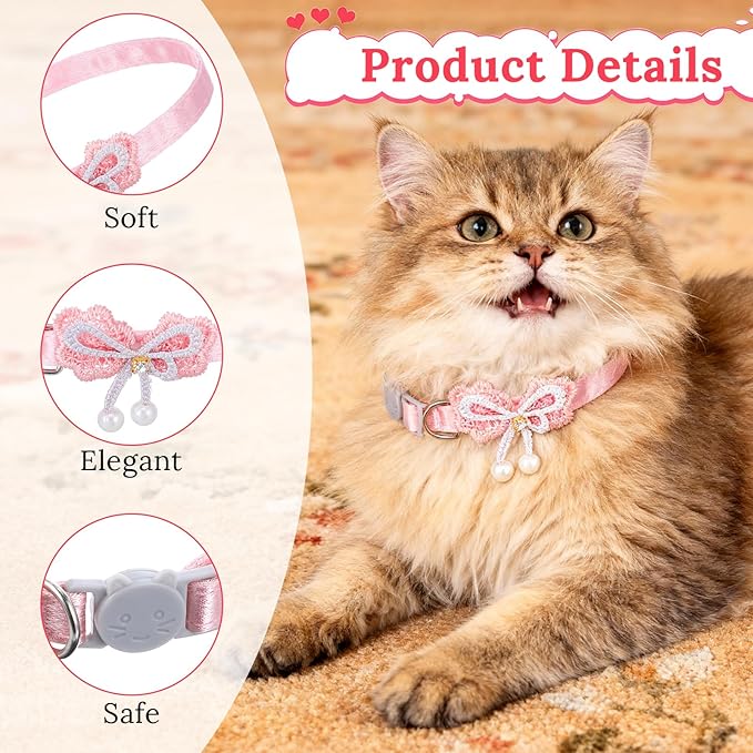 Jeffdad 4 PCS Cute Pearl Cat Collar with Bow, for Girl Cats Pink Cat Bows & Accessories Breakaway Safety Cat Bowtie Collar