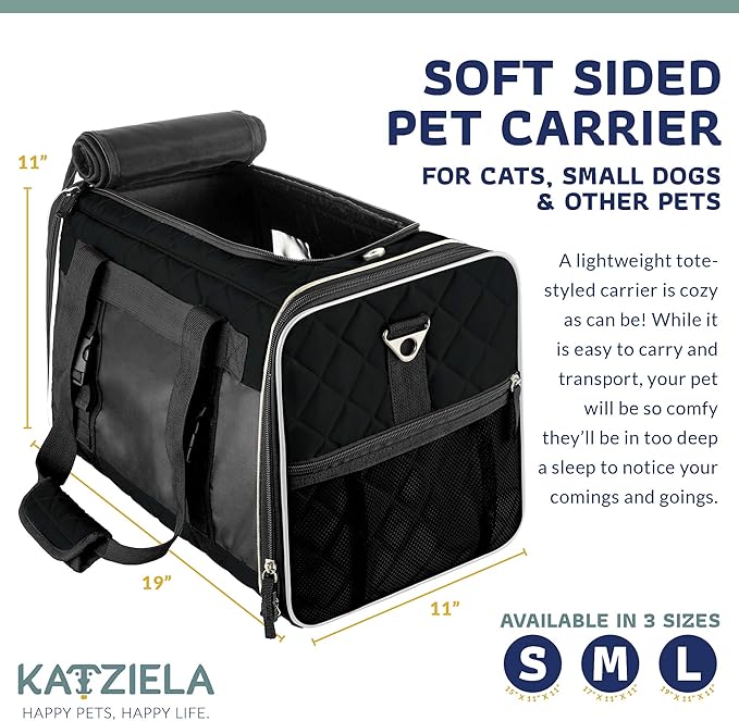 Katziela Deluxe Quilted Airline Approved Pet Dog & Cat Carrier for Airplane Travel (Large, Black)