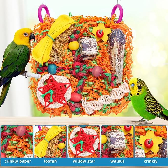 Bird Toys for Small & Medium Parrots - Natural Foraging & Shredding Cage Hanging Toys with Seagrass Mat, Starfruit, Loofah Slices for Budgies, Cockatiels, Lovebirds, Conures (1 PCS)