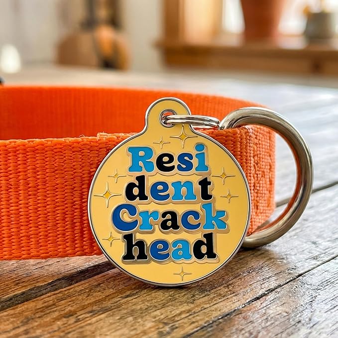 Bad Tags Personalized Dog and Cat ID Tags in 25+ Designs and 2 Sizes - 5 Lines of Custom Engraved Text - Funny Cute Personalized Pet Tags (Resident Crackhead - Orange, Large (1.25 inch))