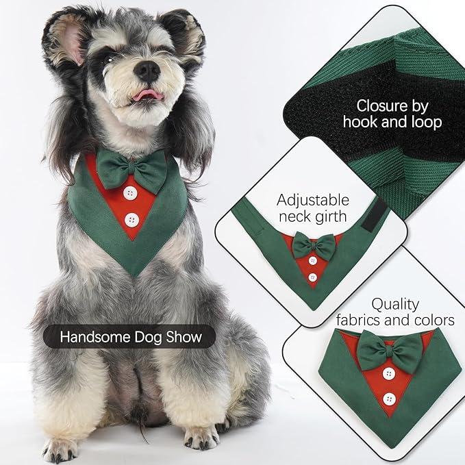 FUAMEY Dog Tuxedo Christmas for Small Dogs,Dog Formal Suit Dogs Attire Pet Bow Tie Puppy Party Costumes Cat Tux Outfits Pets Bandana Cosplay Adjustable Bowties Christmas Green Red S