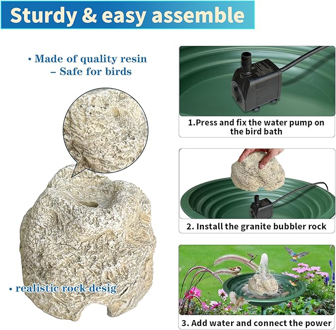 SAC SMARTEN ARTS Fountain for Bird Baths for Bird Bath Fountain with 7.5W Water Pump Resin Granite Rock Water Feature for Garden Patio Lawn Hummingbird Birdbath Fish Tank and Aquariums