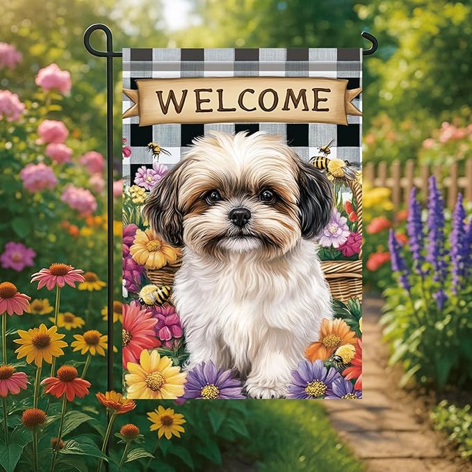 Spring Summer Garden Flag Shih Tzu Dog Flag 12x18 Inch Double-Sided Cute Puppy Yard Banner Buffalo Plaid Floral Outdoor Decor for Porch Lawn Pathway Dog Lover Housewarming