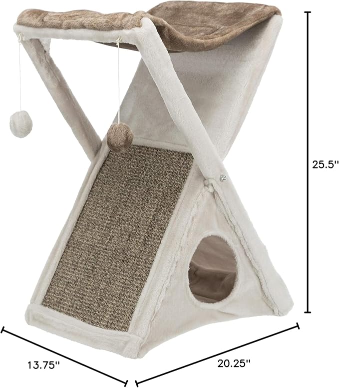 TRIXIE Miguel Fold and Store Cat Hammock, Indoor Cat Furniture with Dangling Toys, Scratching Pad, and Cave, Taupe/Light Gray