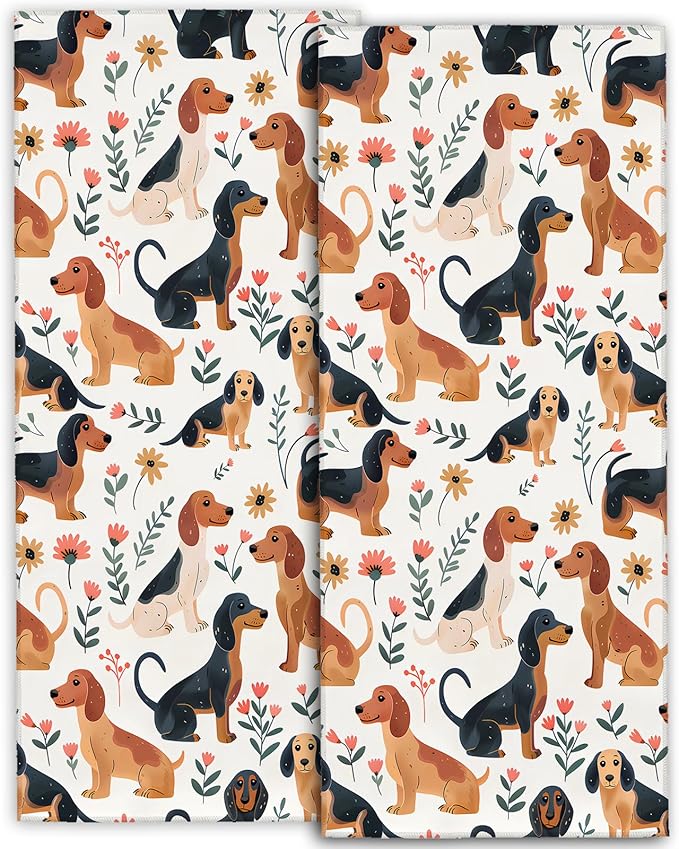 Cute Dachshund Hand Towels - 2 Pack,14.5" X 28",Soft Microfiber Polyester Cartoon Towel Set with Weiner Dog-Lover & Floral Pattern,for Rustic Bathroom Kitchen Spa Hotel Decor Gifts Women Girls