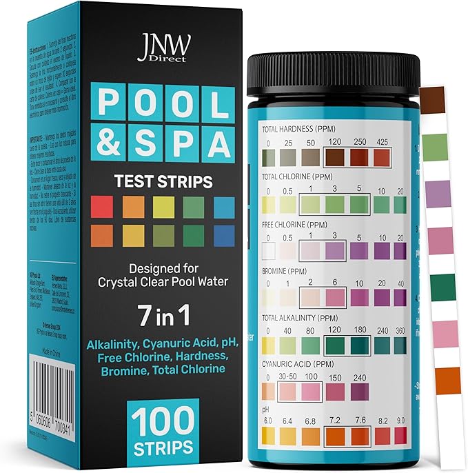 JNW 7-in-1 Pool Test Strips, 100 Quick & Accurate Test Strips for Pool Water, Spa Test Strips for Hot Tub, Chlorine Test Strips, Bromine, pH, Alkalinity, Hardness & More - Swimming Pool Test Kit