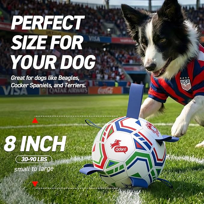 QDAN World Cup Soccer Ball for Dog, 8 Inch Dog Balls with Straps for Interactive, Tug and Training, Indoor Outdoor Toys for Medium & Large Dogs, 2026 Herding Ball