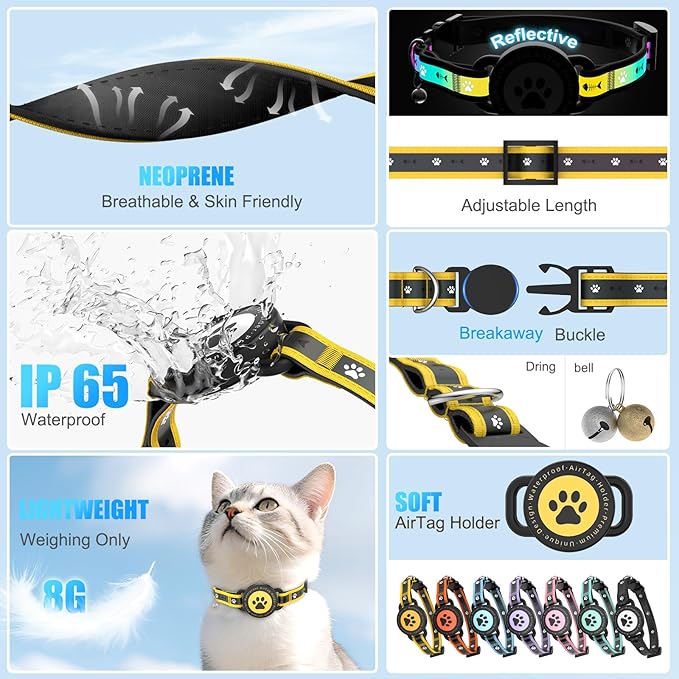Airtag Cat Collar Breakaway, Reflective Cat Collar with AirTag Holder and Bell, Compatible with Apple Air Tag, Comfortable Padding, Adjustable, Durable (Yellow, XS)