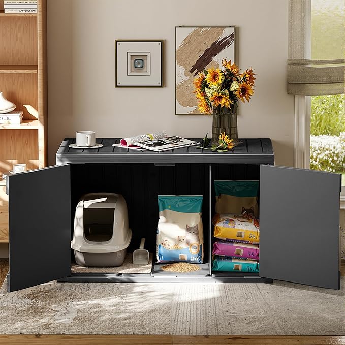 Cat Litter Box Enclosure,Multi-Functional Hidden Litter Box Furniture Cabinet with Adjustable Partition & Side End Table, Indoor Outdoor Cat House with Double Doors,Easy to Clean & Assemble, Black