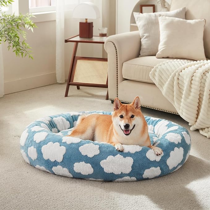 JOEJOY Donut Dog Bed Medium Size Dog, Cute Round Calming Pet Bed with Removable Washable Cover, Orthopedic Puppy Bed with Jacquard Shaggy Plush & Non Skid Bottom