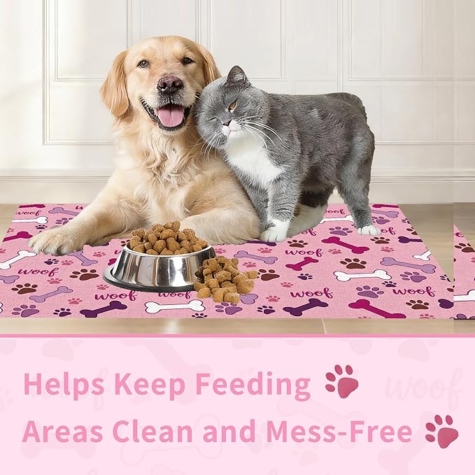 Dog Feeding Mat 24 x 16 Inch, Pink Paw Bone Woof Dog Placemat Absorbent Quick-Dry for Food and Water, Waterproof Non Slip Rubber Pet Bowl Pad Mat for Floors