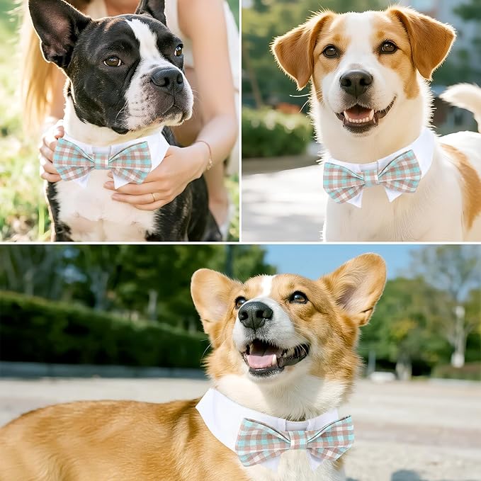 Segarty Dog Bow Tie Neck Girth 10.2-12.6in, Adjustable Blue Khaki Plaid Bowtie Collar for Dog, Medium Necktie Tuxedo Comfortable Cotton Pet Grooming Accessory for Formal Wedding Holiday Birthday Party