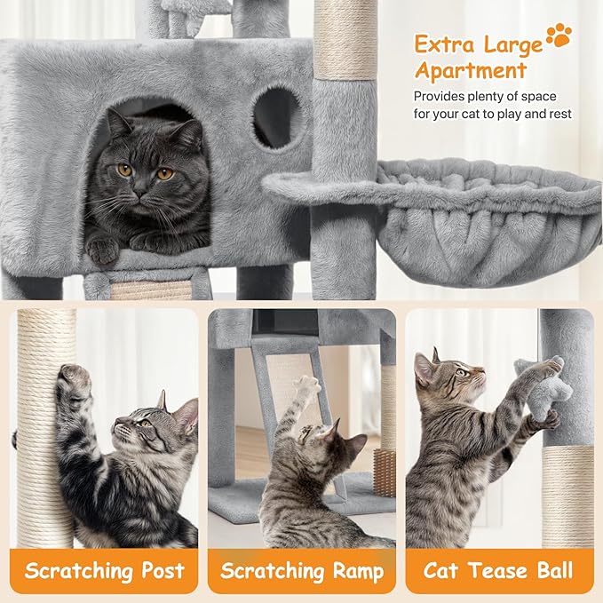 36-Inch Cat Tree Tower for Small and Medium Indoor Cats, Multi-Level Cat Furniture with Sisal Scratching Posts, Hammock, Condo & Scratching Board, Light Gray