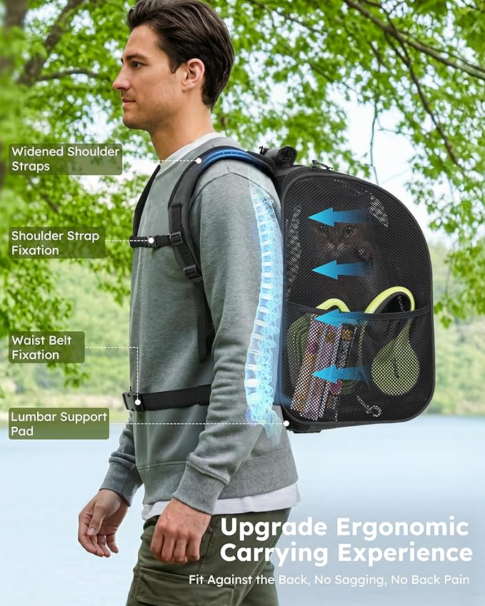 Pecute Cat Backpack with Widened Interior Space, Upgraded Dog Backpack Carrier with Various Ways to Carry, Pet Backpack with Breathable Mesh, Pet Travel Carrier with Soft Padded,Dark Grey