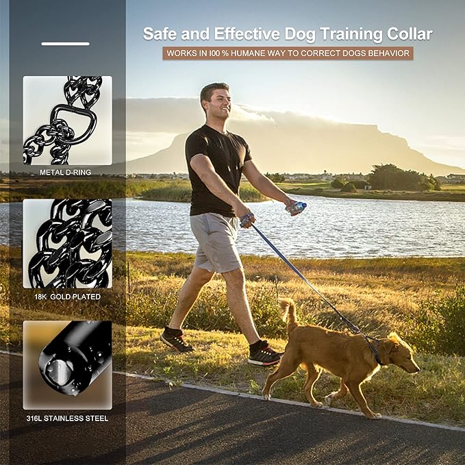 Black Dog Chain Collar Stainless Steel Black Dog Collar Adjustable Walking, Metal Cuban Link Dog Collar Chew Proof Double Row Chain Dog Collar for Large Small Medium Dogs