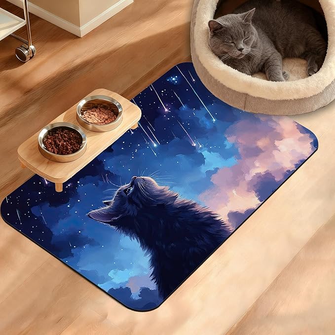 Cat Dog Food Mat,Starry Night Absorbent Pet Feeding Mat for Food and Water Bowl,Quick Dry Dog Placemat Non Slip Rubber Backing Waterproof Pet Supplies 16" x 24"