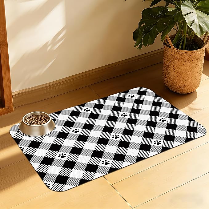Cat Checked Plaid Dog Cat Food Mat, Absorbent Feeding Mat with Fast-Dry Surface, Rubber Backing for Messy Drinkers – 16x24 Inch