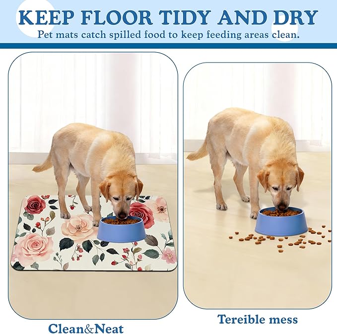 Pink Flower Leaf Pet Feeding Mat–Christmas Stocking Quick Dry Absorbent Dog Cat Food Mat, Non Slip Waterproof Bowl Placemat for Messy Eaters, Pet Accessories for Floors 16"x24"