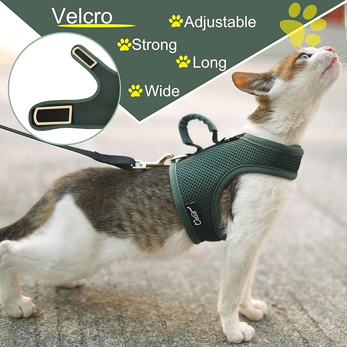 Cat Harness and Leash for Walking Escape Proof Breathable Mesh Fabric, Solid Green, Medium, Adjustable Cat Walking Jackets with Handle, Padded Stylish Cat Vest