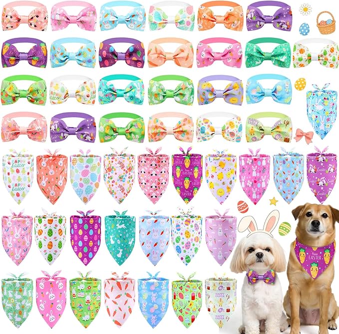 Sanwuta 50 Pcs Dog Bandanas and Collar Bow Ties Set 25 Bandanas Bulk 25 Charm Dog Collar Pet Triangle Pet Scarf Bowtie for Small Medium Large (Easter)