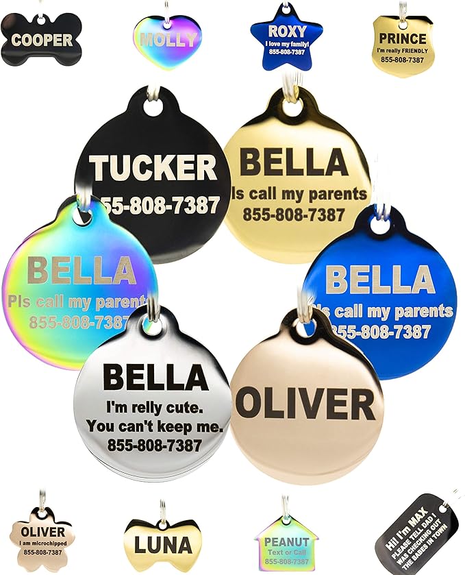 Engraved Dog Tags Personalized - Stainless Steel Engraved Dog Cat ID Tags Front & Back up to 8 Lines of Text Color Plating Gold, Rose Gold, Blue, Black, Nebula by PetANTastic