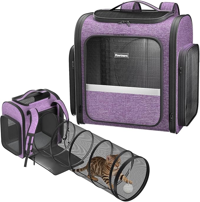 Cat Backpack Carrier with Detachable Play Tunnel, 2 in 1 Cat Tunnel Backpack Suitable for Carrying & Playing, Expandable Dog Carrier for Small Medium Kitten Puppy, Suitable for Travel Hiking Camping
