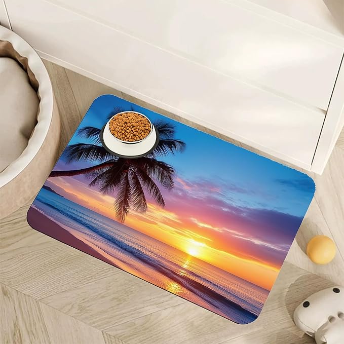 Tropical Palm Pet Feeding Mat,Sunset Trees Sea Beach Absorbent Quick-Dry Cat Dog Food and Water Bowl Mats, Non-Slip Rubber Backing Mat, Cat Dog Accessories Supplies 12"x20"