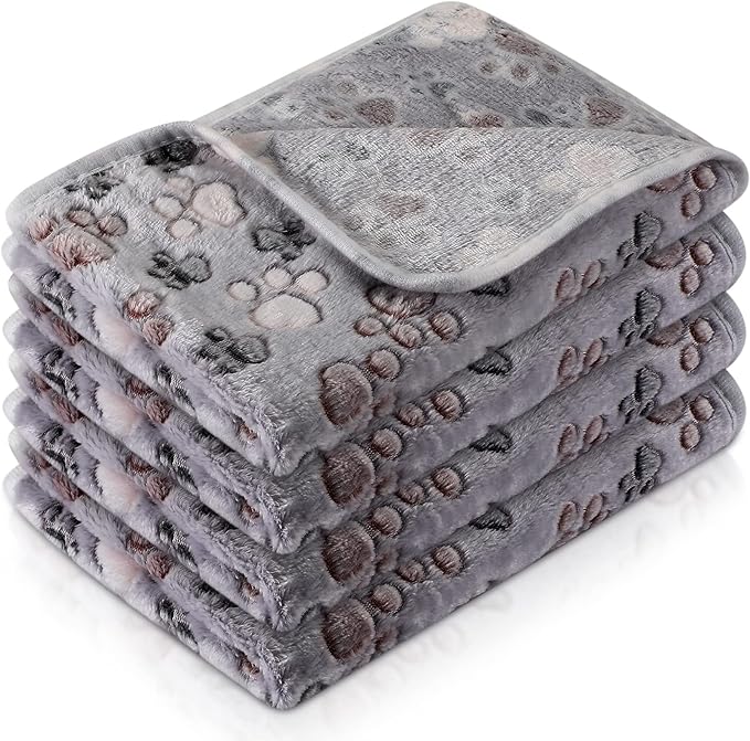 Tatuo 4 Pcs Dog Blanket for Pet Cat Blankets Indoor Puppy Teething Stuff Toys Paw Print Fleece Soft Blanket Sleep Mat for Guinea Pig Cage(Gray,Medium(30 x 20.5 Inch),Square)
