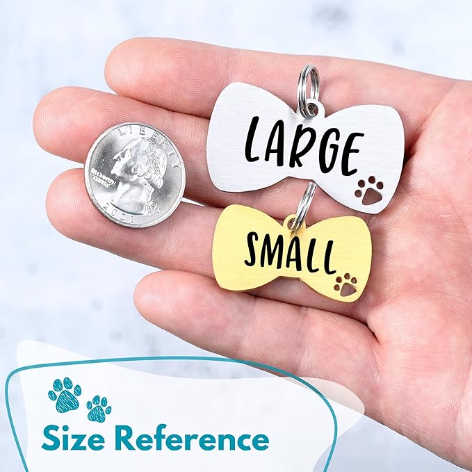 Ultra Joys Dog Tags Personalized for Pets - Hollow Paw Custom Pet ID Tag - Engraved Dog Tag for Small, Large Dogs - Small Bow Tie in Silver