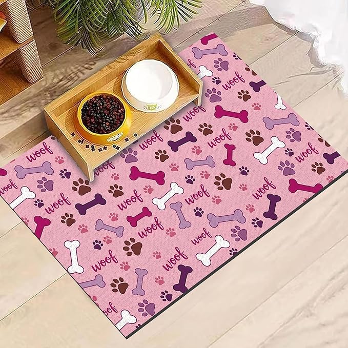 Dog Feeding Mat 24 x 16 Inch, Pink Paw Bone Woof Dog Placemat Absorbent Quick-Dry for Food and Water, Waterproof Non Slip Rubber Pet Bowl Pad Mat for Floors
