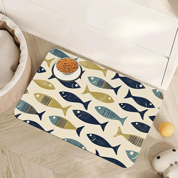 Fish Boho Dog Food Mat for Floors,Ocean Absorbent Quick-Dry Pet Feeding Mat,Cat Dog Bowl Mats for Food and Water,Non-Slip Pet Accessories Supplies 16"x24"