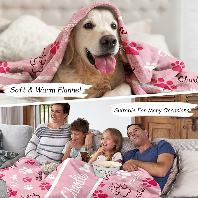 Personalized Dog Blanket, Customized Pet Blankets with Name Picture, Throw Blanket for Small Medium Large Dog Puppy Cat (E-Pink)