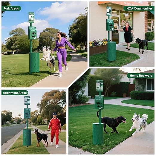 Dog Poop Trash Can Outside for HOA Communities, Durable Rust Proof Aluminum Dog Waste Station – 10 Gallon Outdoor Trash Can with Lid & Reflective Sign for Yard, Dog Park