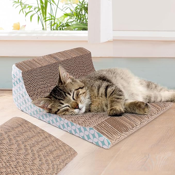 PrimePets Cat Scratcher Cardboard with Catnip, Removable Cat Scratching Pad with Ball, 2-in-1 Corrugated Cat Scratch Lounge Sofa Refill