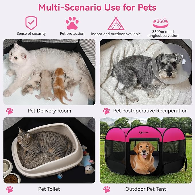Dog Cat Playpen, Large Puppy Pet Playpen, Dog Crate Tent Cage Indoor/Outdoor, Portable Pop Up Dogs Kennel Playpen with Carrying Case for Dogs/Cats/Rabbits, Hot Pink