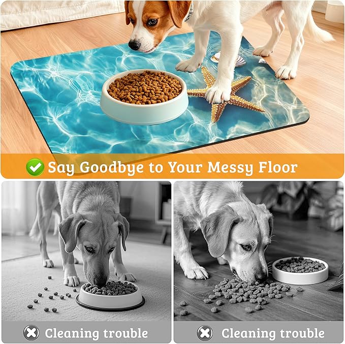 Starfish Shells Dog Cat Food Mat,Sea Beach Absorbent Waterproof Placemat for Food and Water Non Slip Rubber Backing Durable Feeding Pad for Clean Floors 12" x 20"