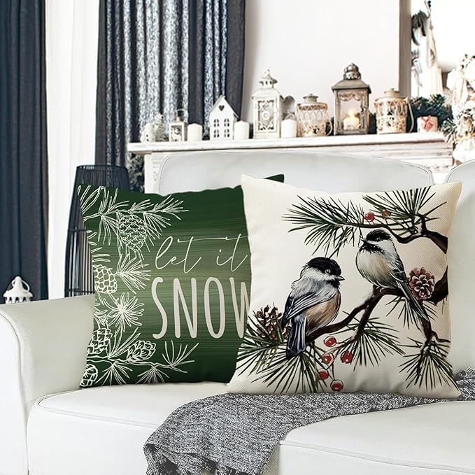 Fahrendom Hello Winter Green Decorative Throw Pillow Covers 20 x 20 Set of 4, Chickadee Pine Needle Branch Porch Patio Outdoor Pillowcase, Christmas Pine Cone Red Berry Sofa Cushion Case Home Decor