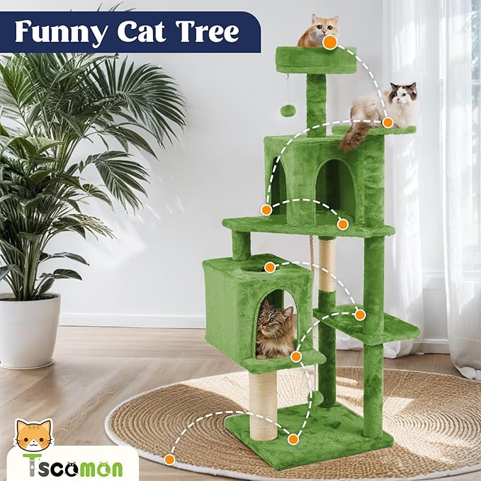 58.5inch Large Cat Tree Tower Condo for Indoor Cats, Soft Plush Multi-Level Climbing Tree Cat House with 1 360° Rotating Cat Cave, Scratching Post, More Entrance/Exit, Sisal Rope, Green